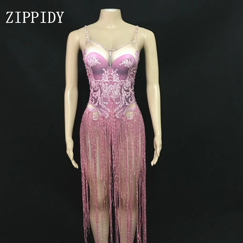 

New Pink Tassel Leotard Female singer DJ stage show Dance Performance Fringes Sexy Costume Big Stretch Spandex Bodysuit