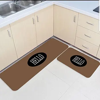 

2 Piece Kitchen Mats and Rugs Set Brown Funny Hello Word Home Decorate Non Skid Bedroom Living Room Doormats