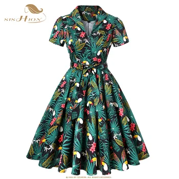 SISHION Toucan Palm Flower Print Vintage Dress 2020 Plus Size Floral Cotton Tunic Women Ladies Swing Rockabilly Dresses SD0002 vintage style flower print swing dress