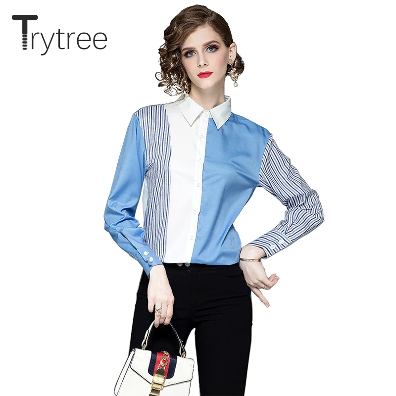 

Ttytree Autumn Summer Blouses Casual shirt Women Turn-down Collar Striped Sleeves Single-breasted Blue Tops Office Lady Shirts