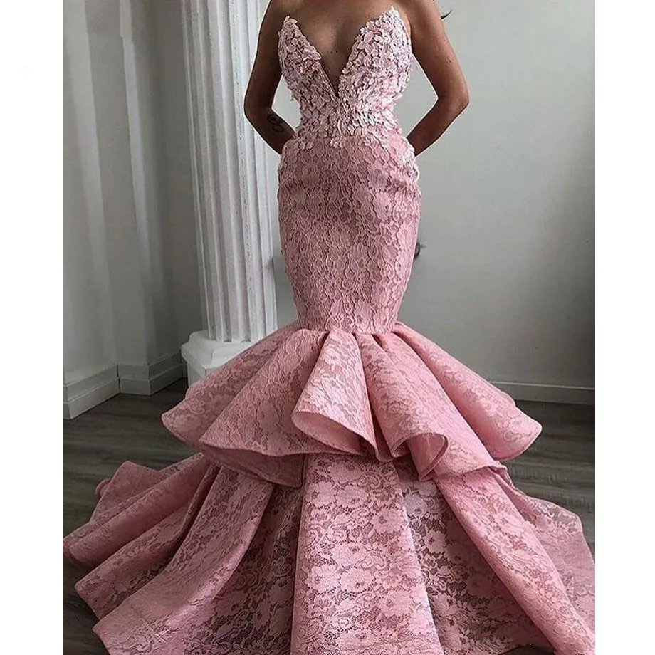 

Pink Muslim Evening Dresses 2019 Mermaid Deep V-neck Appliques Lace Beaded Islamic Dubai Saudi Arabic Long Elegant Evening Gown