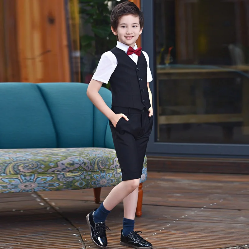Summer Boys Prom Suits for Weddings Outfit Blazer Kids clothes Tuxedo Short Sleeve Shirt+Vest+shorts 3 PCS Costume Give Bow Tie
