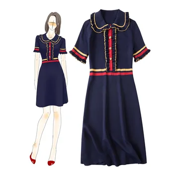 

Summer Fashion Casual Plus Size British Wind Peter Pan Collar Short-sleeved Knitted Contrast Color Ruffles Women Dresses