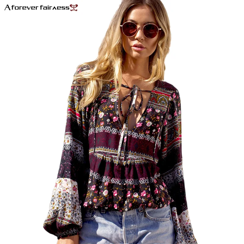 

A Forever 2019 Spring Summer New Women's Fashion Boho V-neck Printed Lantern Sleeve Shirt Women Casual Tops Blouse M-1089