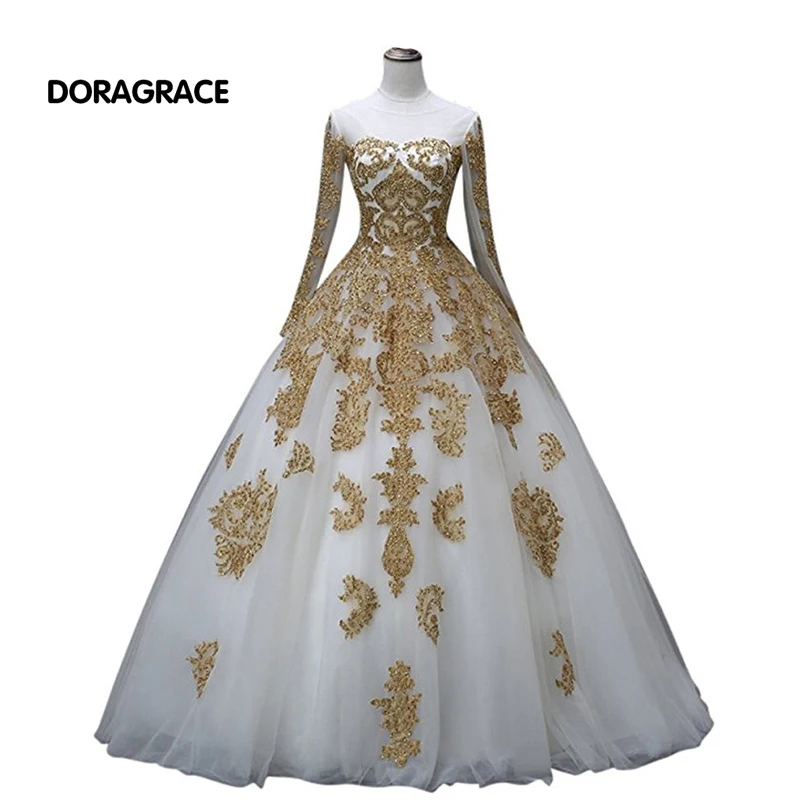 

Romantic A Line Applique Beaded Floor-Length Long Prom Dresses Long Sleeves Evening Gowns Designer Evening Dresses DGE045