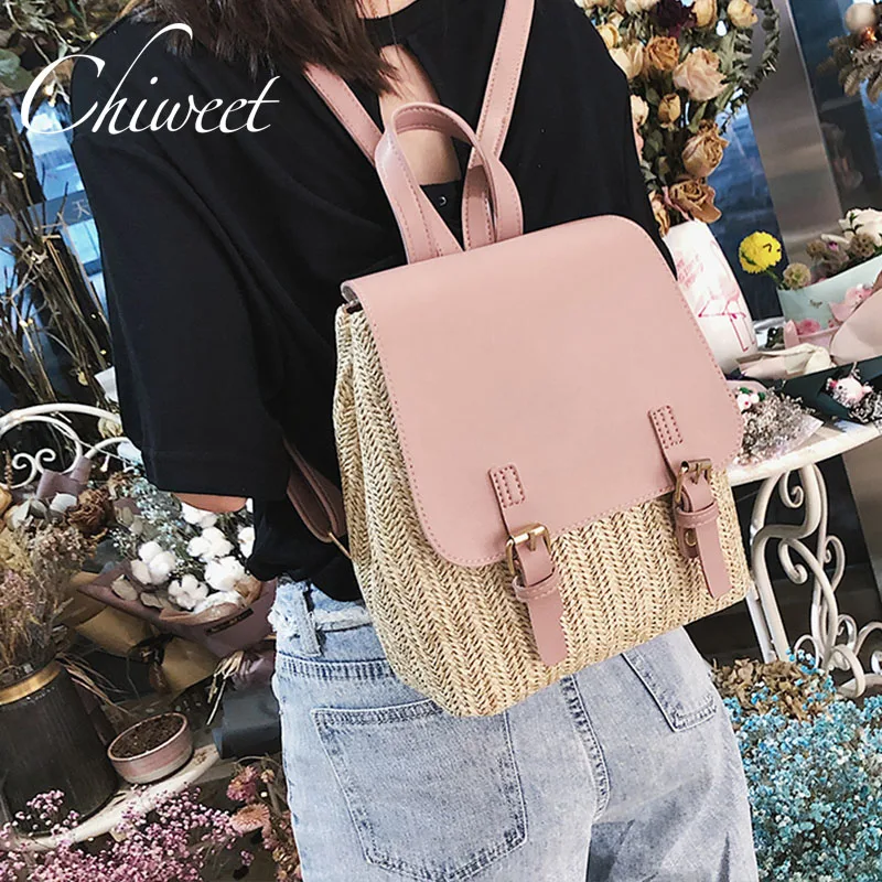 

2019 Summer Beach Straw Backpack Woven Brand Pu Leather Small Women Backpacks Girl Female Designer Panelled Holiday Travel Bag