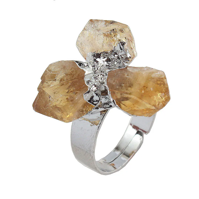 

Exclusive Design Silver Plated Adjustable Three Irregular Shape Natural Citrines Crystal Ring Wedding Ring Fashion Jewelry