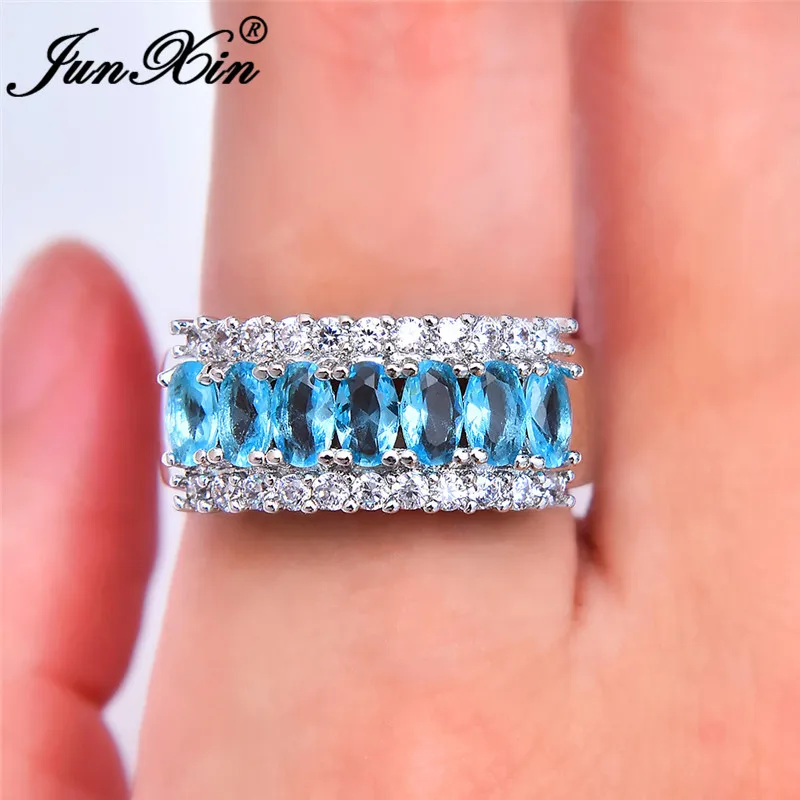 JUNXIN Luxury Male Female Oval Blue Zircon Wedding Rings For Women Men 10KT White Gold Filled Birthstone Engagement Couples Ring