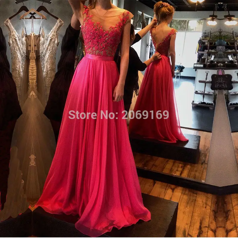 

Vestidos de festa 2019 Elegant Evening Prom Dress Sexy Backless Fuchsia Lace Applique A line Long Prom Dresses Vestidos de baile