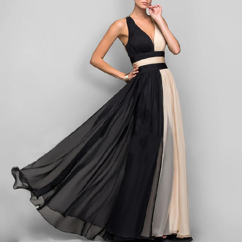 

Women Elegant Party Long Loose Dress Sexy Deep V Neck Backless Contrast Color Black Gauze Vestidos Maxi Sleeveless Dress Femme