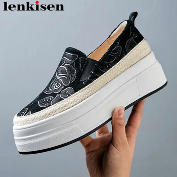 

Lenkisen special sheep leather med bottom slip on round toe loafers flower decoration ventilated daily wear vulcanized shoes L21