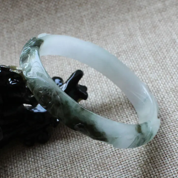 

5809 Chinese Hand-carved Emerald Green stoneite stone Gems Bracelet Bangle 58mm