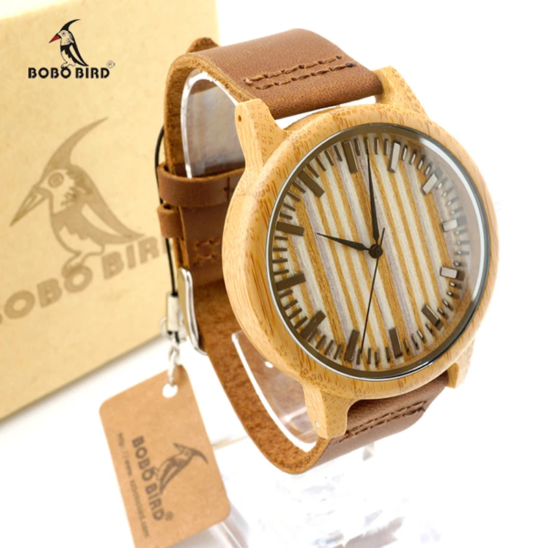 BOBO BIRD Top Mens Bamboo Watches Genuine leather Strap Wooden Wristwatches Men and Women Quartz Watch relogio masculino C-A20