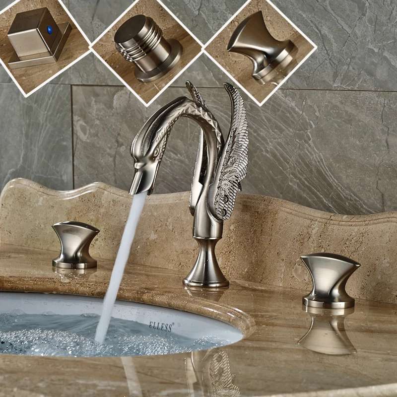 Modern Widespread Swan Style Basin Faucet Deck Mounted Dual Handle 3 Holes with Hot and Cold Water Mixer Taps