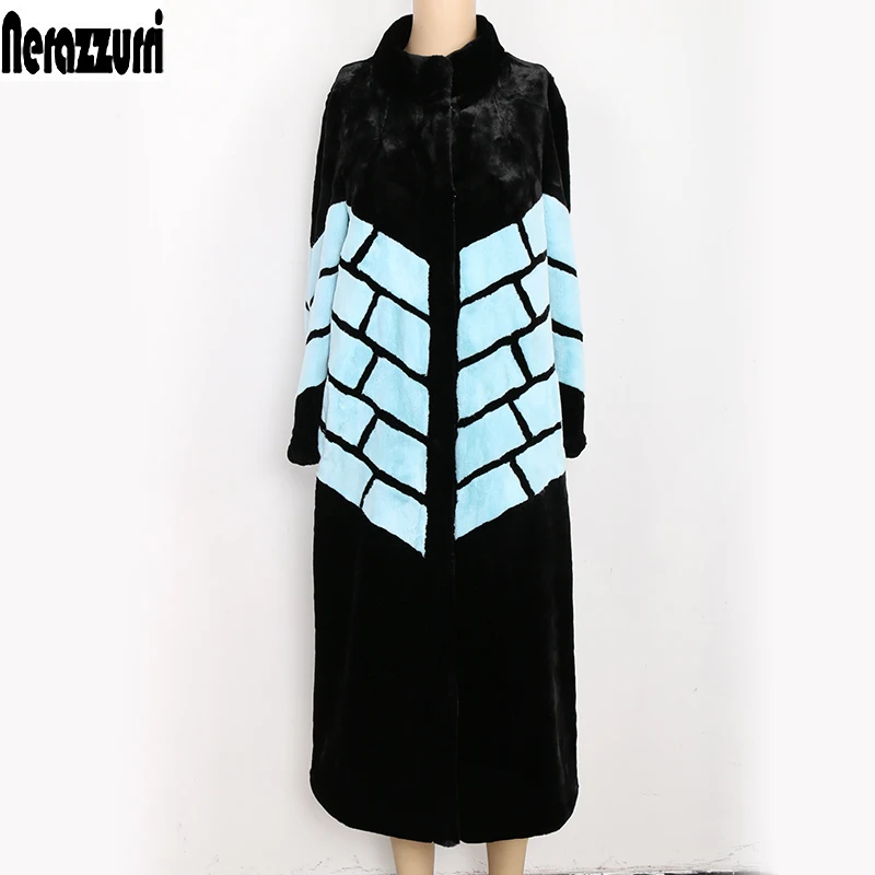 

Nerazzurri fluffy fake fur coats women black and blue color block winter long furry luxury plus size faux fur coat 5xl 6xl 7xl