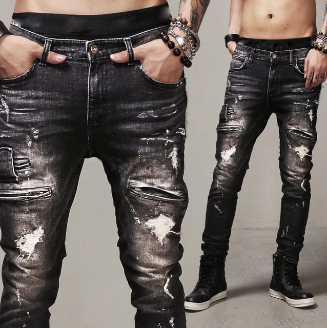 Mens apretados vaqueros rotos / Slim Fit Jeans negro con
