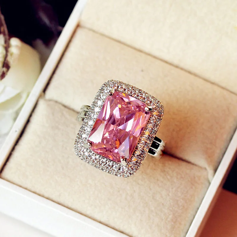 

Hyperbole White Gold Color Big Pink Stone Ring Elegant Geometric oblong 4 Prong Setting Cubic Zirconia Women Jewelry