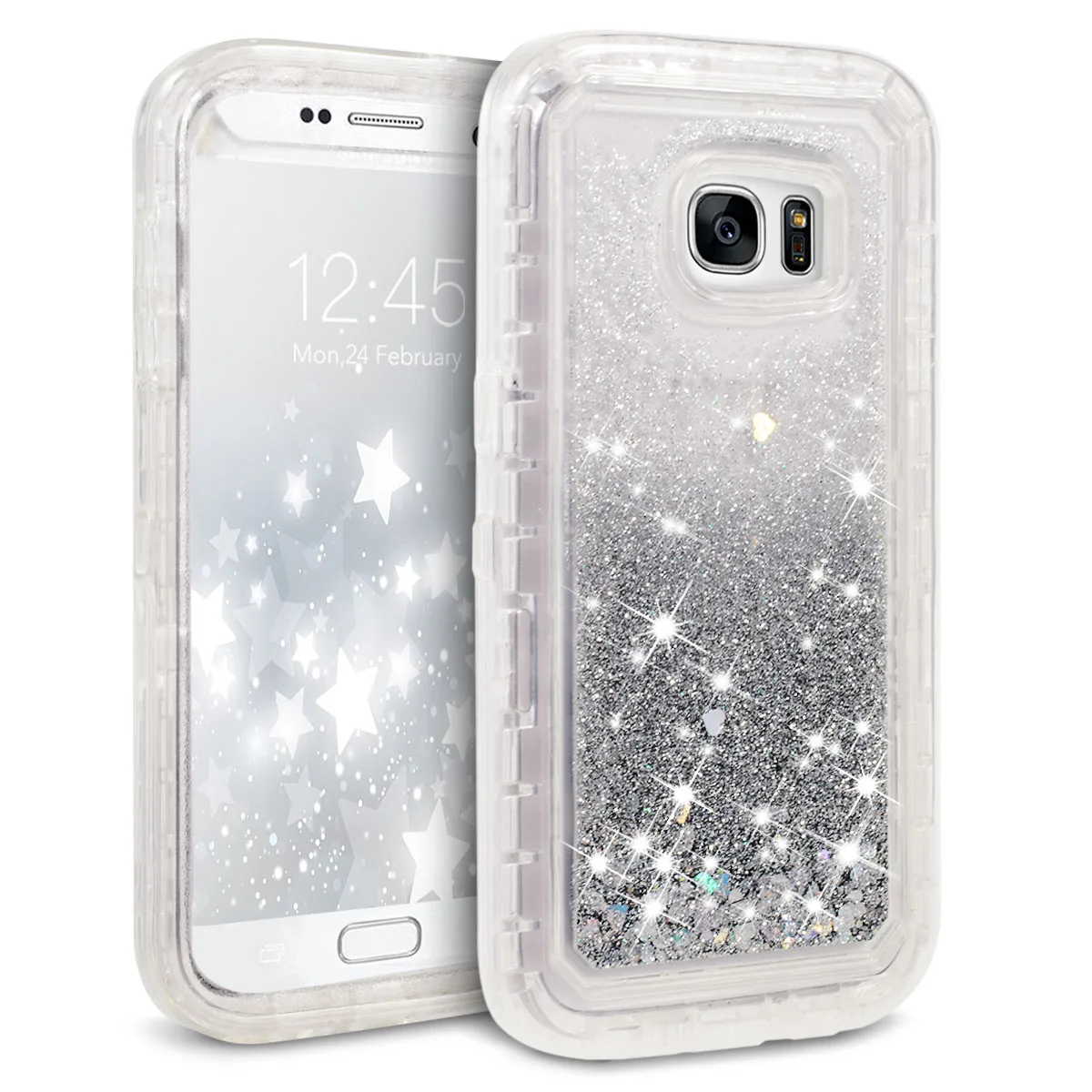360 градусов Полная защита чехол для телефона для samsung Galaxy S7 Edge чехол 3 слоя Жесткий ПК ударопрочный Блестящий сверкающий зыбучий песок - Цвет: Серебристый