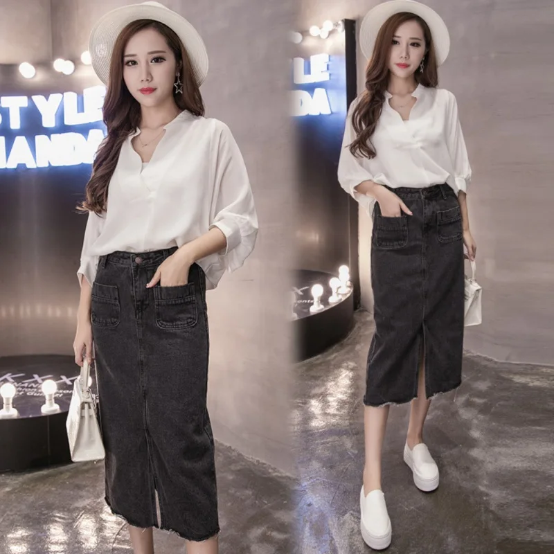 Сексуальные юбки с разрезом спереди и высокой талией Женские однотонные прямые юбки с карманами женские голубые джинсы из денима юбки