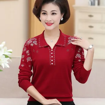 

2020 mama, autumn Lapel bottoming shirt, 40 year old 50 sweater, elderly women's sweater long sleeved coat.