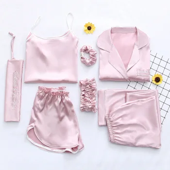 

Women 7 Pieces Silk Pajamas Satin Pyjamas Set Sleepwear Sexy Pijama Nightsuit Female Sleep Loungewear home service