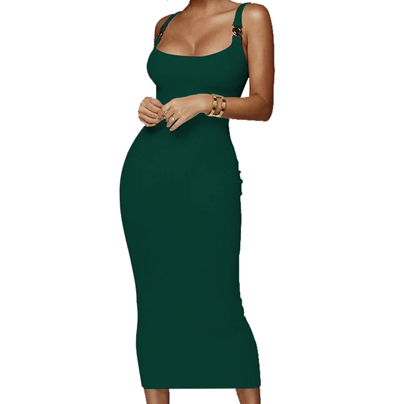 

2019 Spring New Fashion Women Dress Spaghetti Strap Bodycon Midi Dress Sexy Sleeveless Dress Long Elegant Party Club Dress M0528