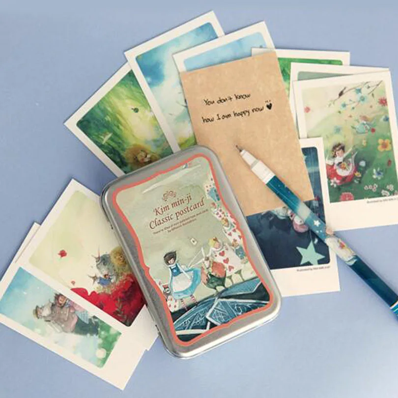 

40pcs/lot Alice tin Box greeting cards set Mini retro postcards European Classical style Cards & Invitations H011