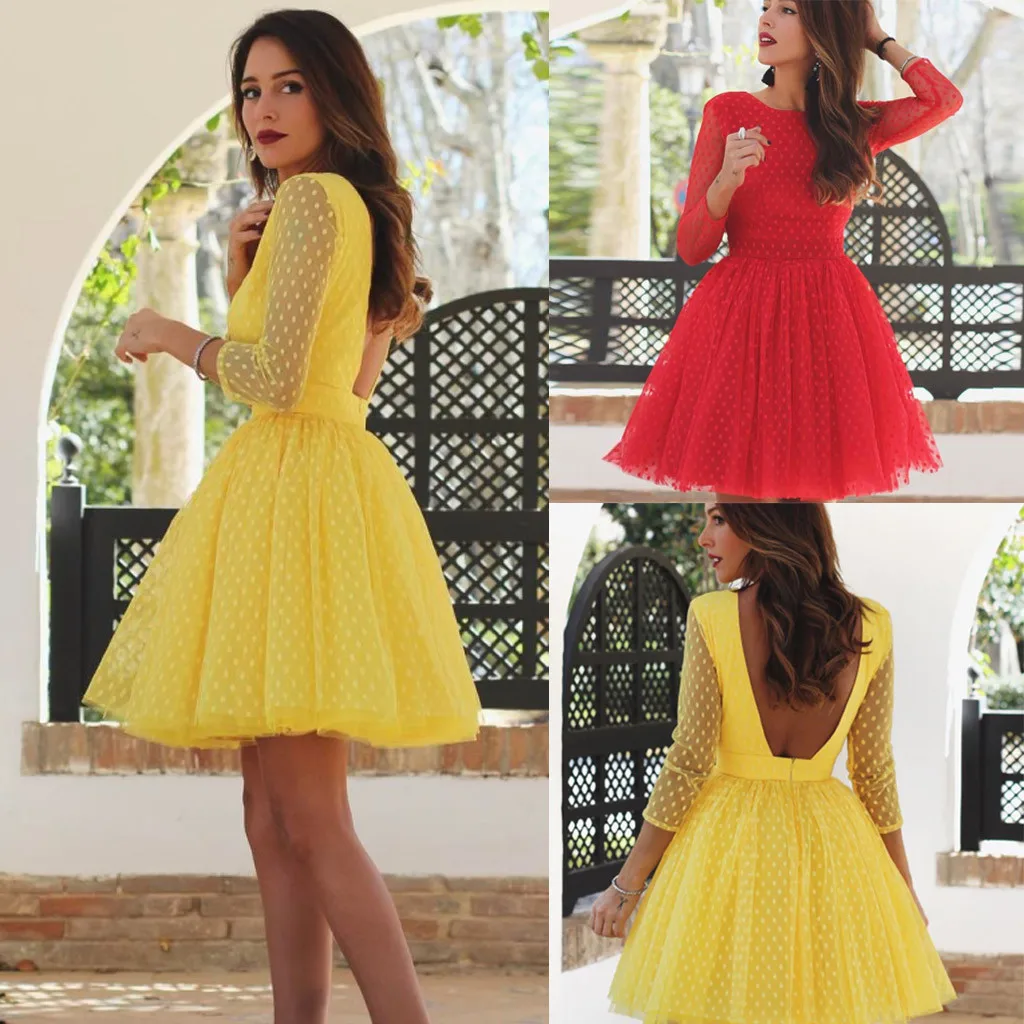 

Hot Sale Solid Color Dress Women Round Neck Long Sleeve Tutu Halter Dinner Evening Party Open Back Dress #c