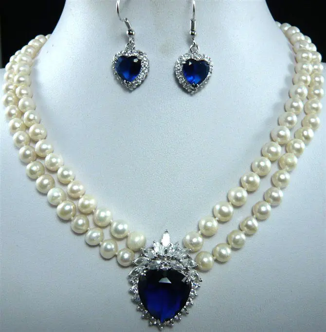 

Wholesale fast SHIPPING >>>>3color!pearl green jade/black agate necklace + heart zircon pendant earring set (A0423)