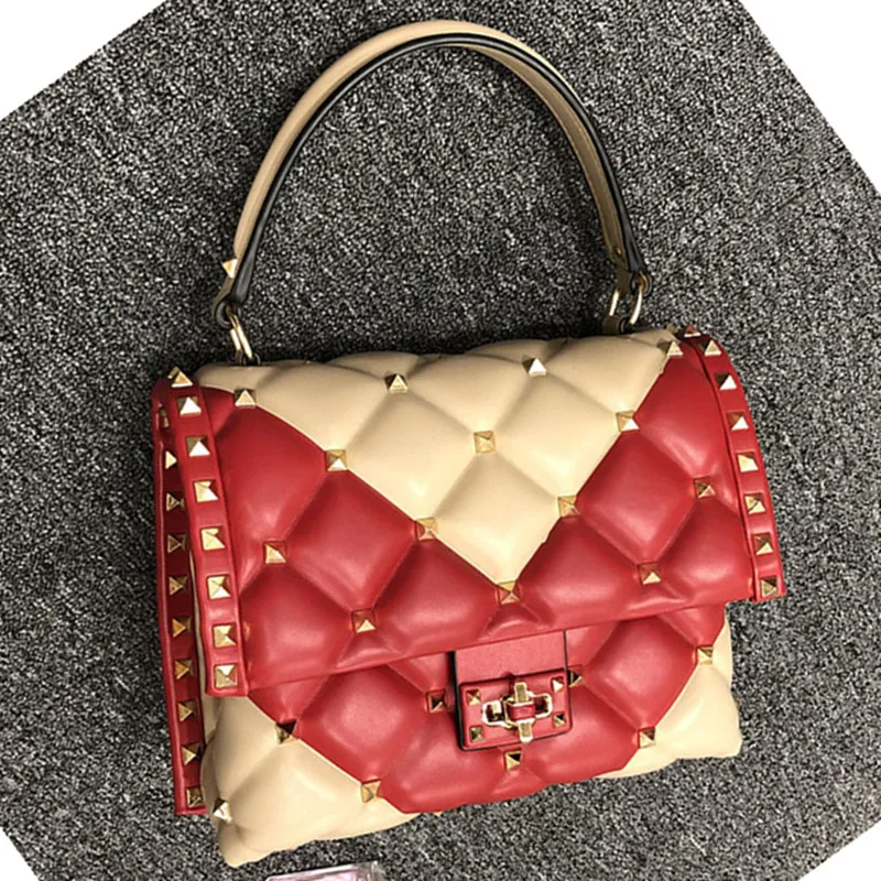 

Genuine Leather Panelled V Shape Women Handbags Ladies Rivet Diamond Lattice Sheepskin Shoulder Messenger Bags