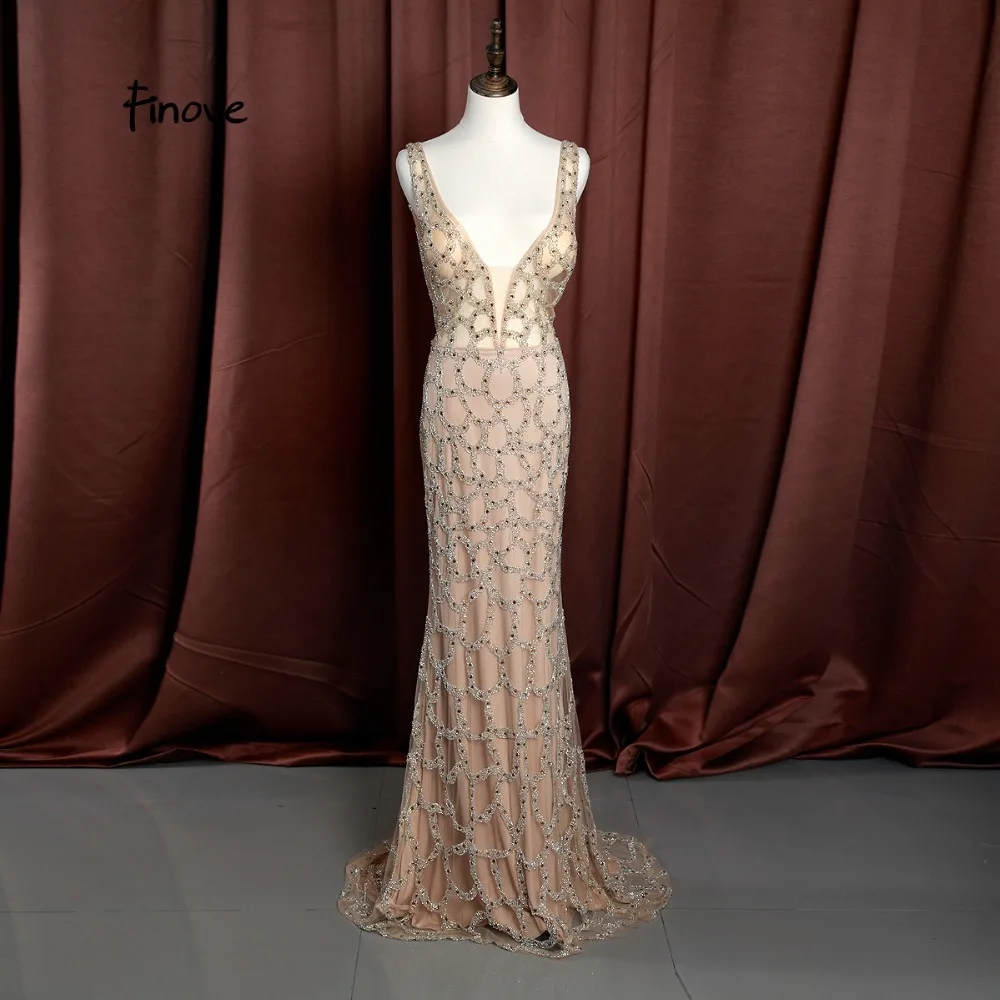 

Finove New 2019 Mermaid Evening Dresses Sexy Deep V-Neck Backless Beading Floor Length Long Dresses In Women' Dresses Plus Size