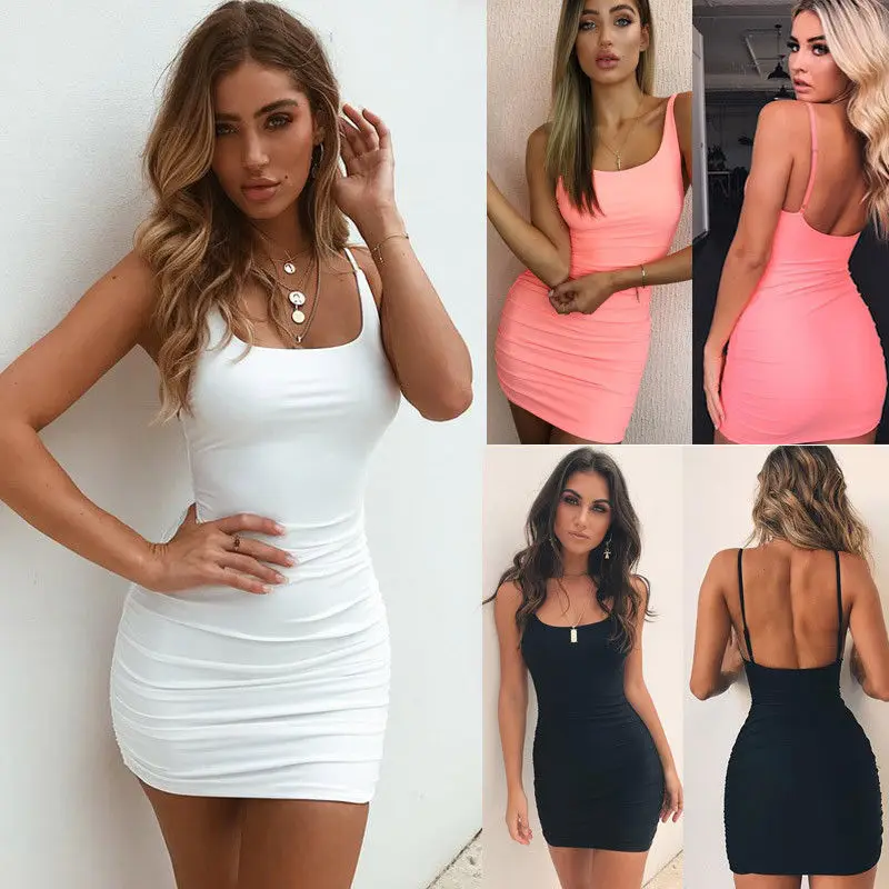 

Fashion Women Sexy Backless Pencil Dress Sleeveless Slim Vestidos Vest Tanks Bodycon Dress Strap Solid Party Dresses