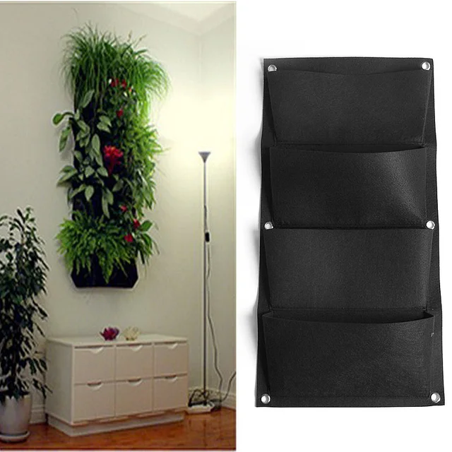 4 Pockets Black Hanging Vertical Wall Garden Planter Flower Planting 4 Pockets Black Hanging Vertical Wall Garden Planter Flower Planting Bags Pot Home Indoor Outdoor Balcony Gardening Seeding