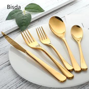 

New Luxury Gold Flatware Set 5pcs Stainless Steel 18/10 Western Dinnerware Set Hand Polish Silverware Set Thick Gold Fork