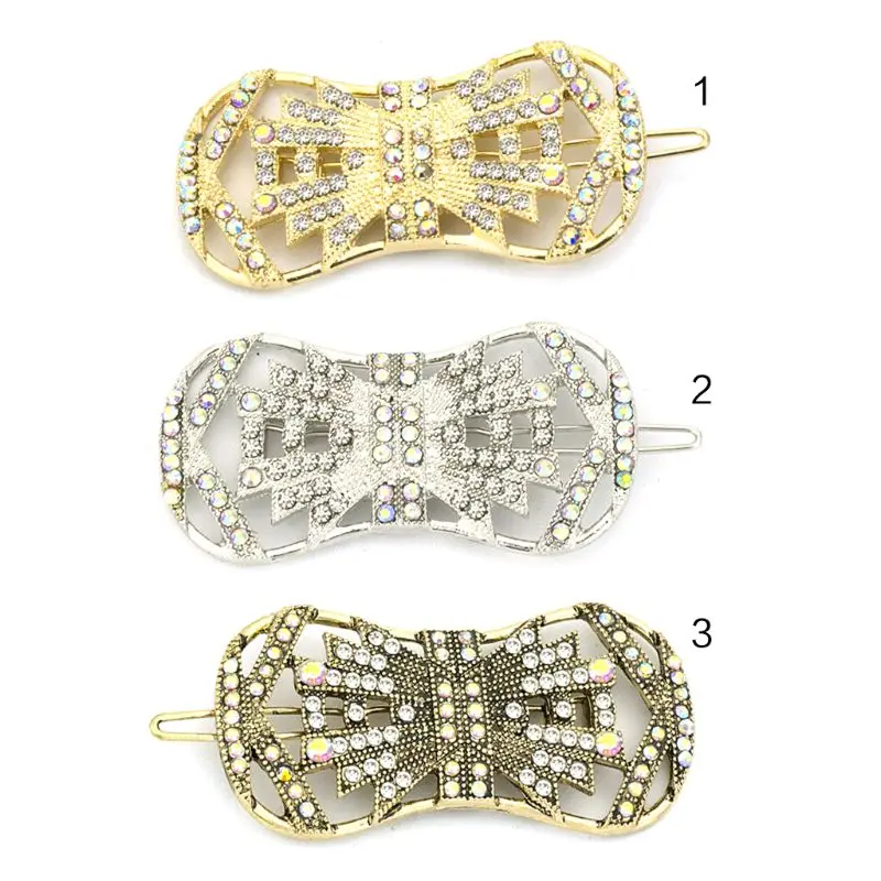 

Ladies Vintage Geometric Hollow Bowknot Hair Clip Rainbow Glitter Rhinestone Styling Hairpin Wedding Party Metal Alloy Barrette