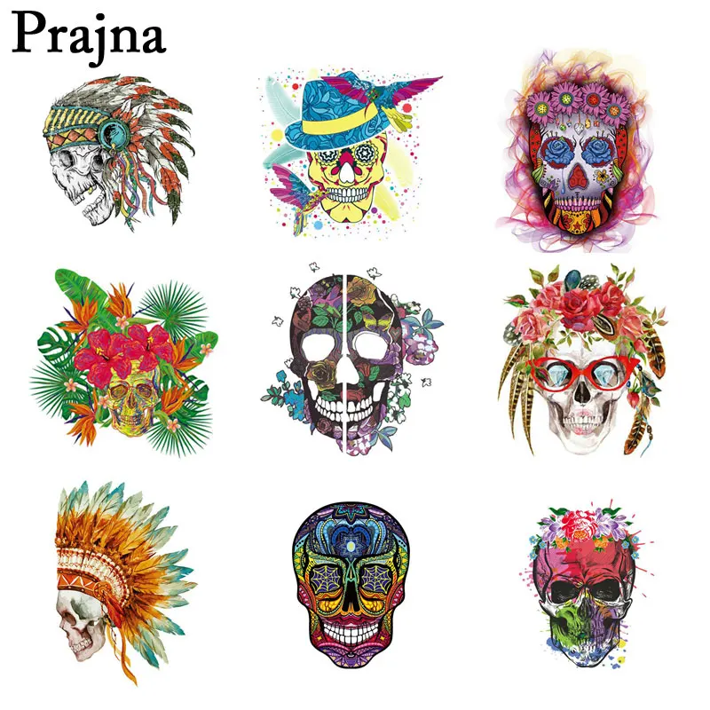 

Prajna Indian Skull Iron-on Transfer Grim Peaper Iron-on Patch Ghost Head DIY Rose Skull Appliques On Clothes Hot Vinyl T-shirts