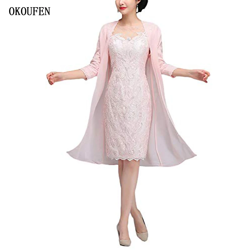 

OKOUFEN Pink Short Mother Of The Bride Dresses for Wedding 2019 Jacket Sheer Neck Mother's Kurti vestidos de madrinha farsali