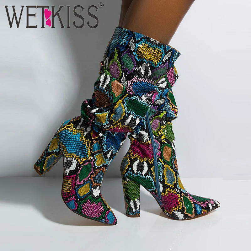 Женские сапоги из змеиной кожи WETKISS красочная змея толстые на высоком каблуке