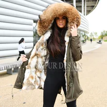 CX-G-P-14A армейский зеленый для женщин длинные натуральный мех пальто большой енота меховой воротник с капюшоном толстые теплые парки