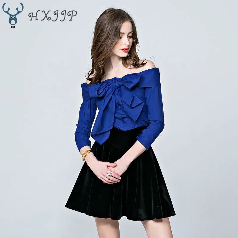 

New Korean Shirt Was Fitted Blouse and A Shoulder Bow Shirt. Office Lady Three Quarter Solid Slash Neck Women's Tops