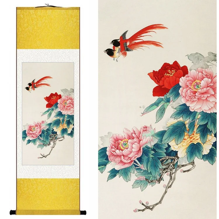 

Chinese Silk watercolor flower and bird Rich Peony Hibiscus Two Birds ink art canvas wall picture damask framed scroll painting