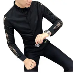 Мужская кружевная рубашка с рукавом 2019 Новая Осенняя прозрачная рубашка с длинными рукавами 3 мужские рубашки облегающие Клубные вечерние