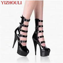 Ботинки на высоком каблуке 15 см с ремешком и пряжкой; танцевальные ботинки; пикантная танцевальная обувь