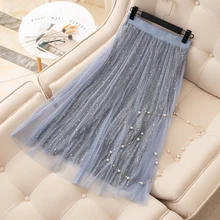 Брендовые юбки весна лето женские юбки чистый цвет Бисероплетение гофрированные шифоновые юбки Свежий Сладкий фея сетчатые юбки женские