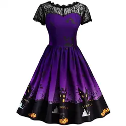Плюс Размеры 3XL Хэллоуин вечерние модные кружева лоскутное короткий рукав o-образным вырезом Винтаж платье Для женщин Хэллоуин вечерние
