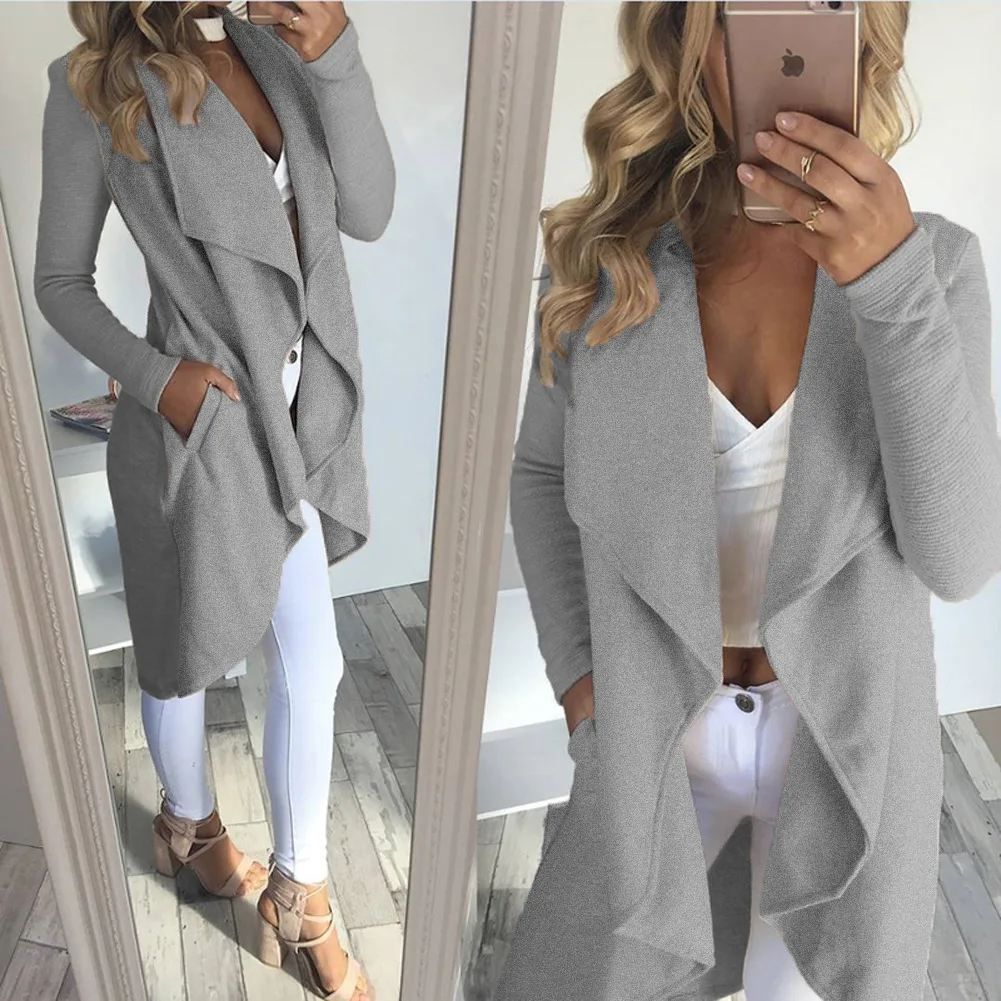 Waterfall Collar Pocket Front Wrap Work Wear Trench Peach full Sleeve Apricot Knee Length Office Women autumn winter Coat woman Coats