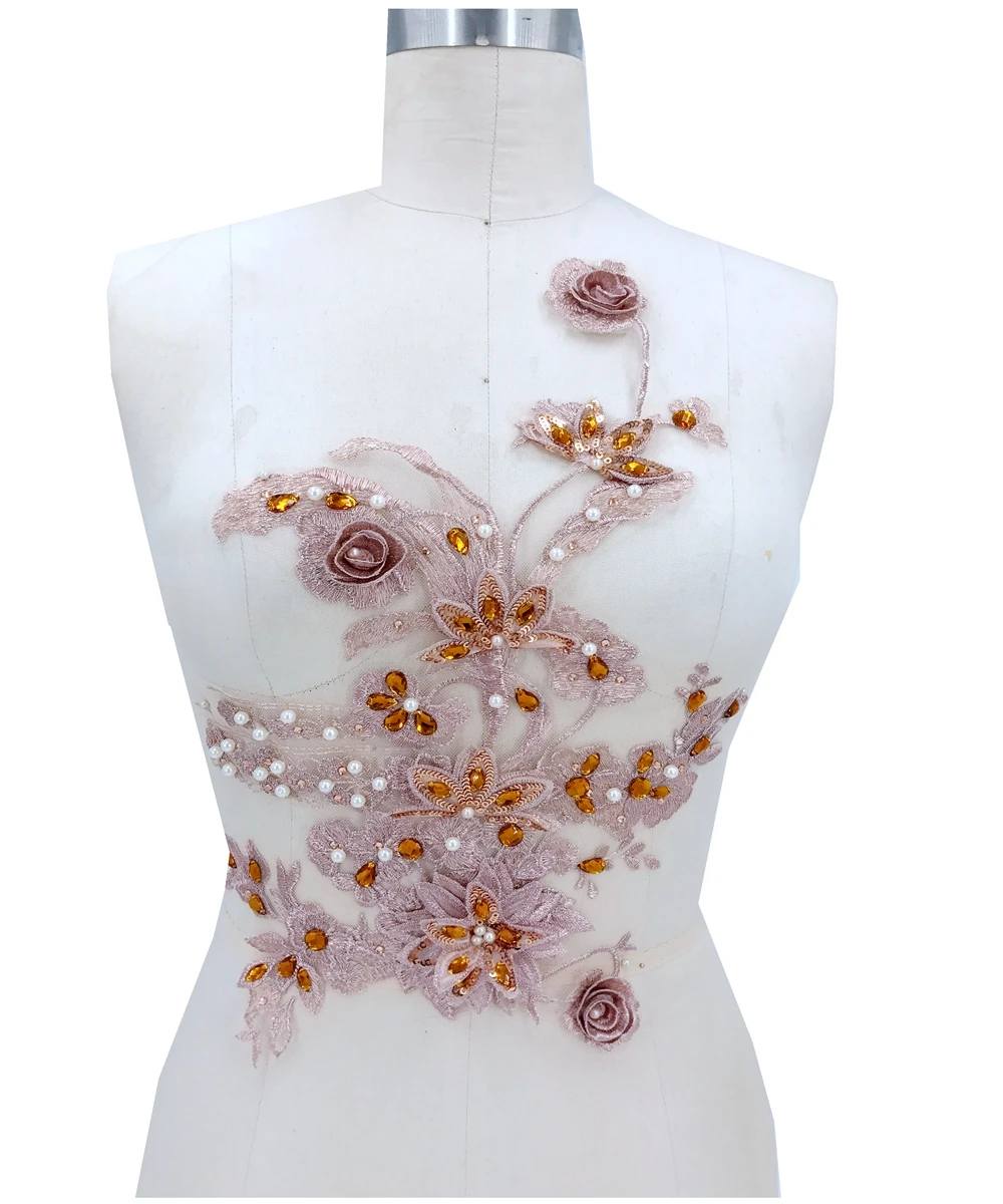 Sew On Rhinestones Light Pink Lace Embroidery Applique 40*25cm Patches