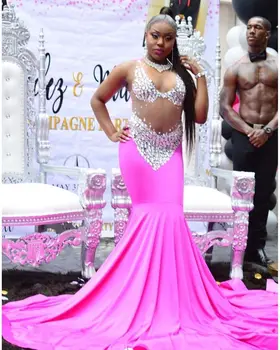 

Sparkly African Mermaid Prom Dress Sexy See Through Crystals Long Train Evening Dresses Formal Women Plus Size Party Gowns
