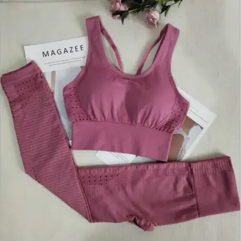 2PCS Yoga Set Hollow Out Seamless Back Cross Straps Bra With High Waist GYM Leggings Push Up Sport Suit Fitness Suit Workout Set 6