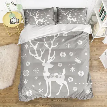 

Duvet Cover Set, Grey- White Deer Snowflake Print Bedding Set, 4 Pieces Bedding Sets with Zipper Closure